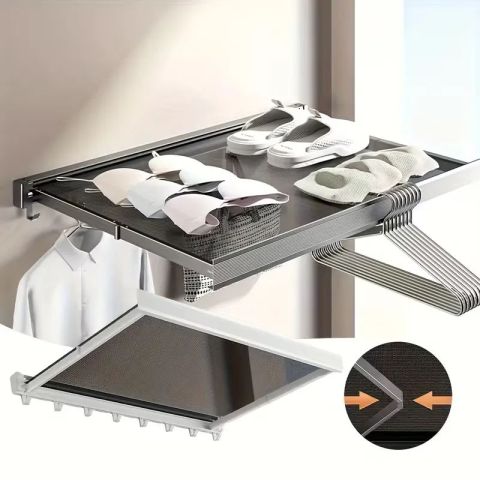 Invisible Foldable Wall-Mounted Clothes Drying Rack with Mesh Shelf & 8 Hooks - 60CM