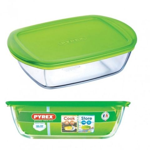 صحن زجاج للفرن مستطيل الشكل مع غطاء اللون الأخضر من بايركس 