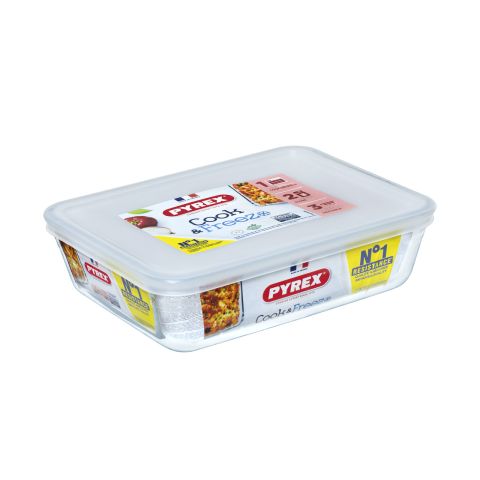 طقم حافظات طعام زجاجية مستطيلة بايركس قطعتين مع أغطية (1.5 لتر + 2.6 لتر)