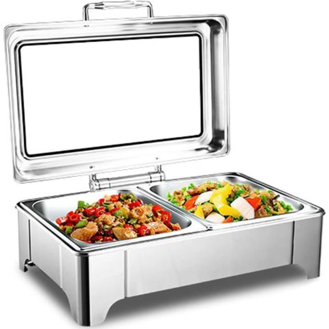 Premium Stainless Steel Double Compartment Chafing Dish Buffet Server with Glass Viewing Lid