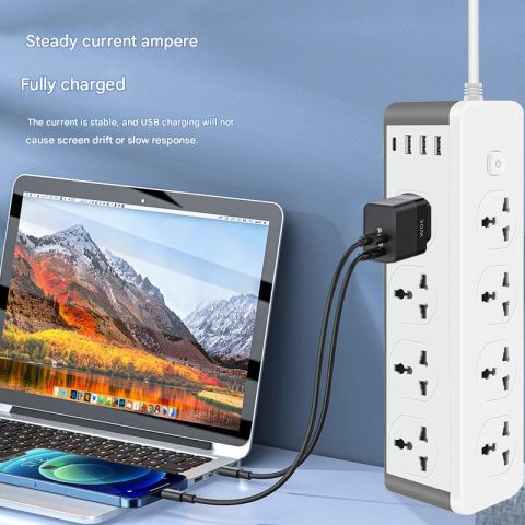 شريط تمديد كهربائي بقدرة 3000 واط مزود بـ 8 منافذ كهربائية عالمية، ومنافذ USB و Type-C بقدرة 3.1 أمبير