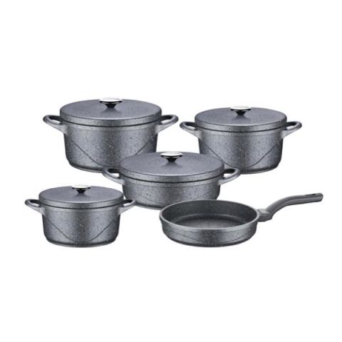 OMS Wave Granite Diecast Cookware Set with Granite Lid Set of 9 Pcs