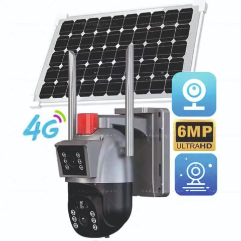 كاميرا مراقبة خارجية لاسلكية بالطاقة الشمسية مع عدسة مزدوجة بدقة 6 ميجابكسل (3 ميجابكسل + 3 ميجابكسل)