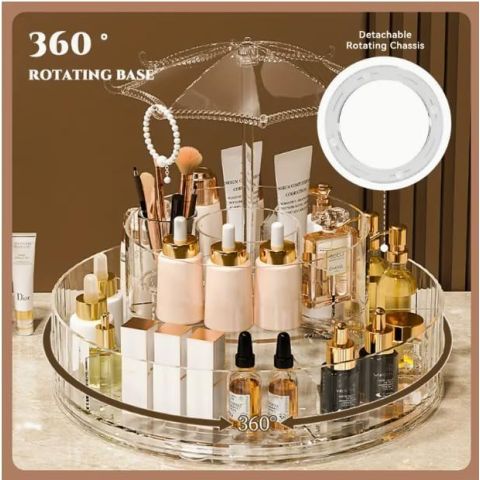 Luxury 360° Rotating Acrylic Makeup Organizer with Dust-Proof Umbrella Cover 