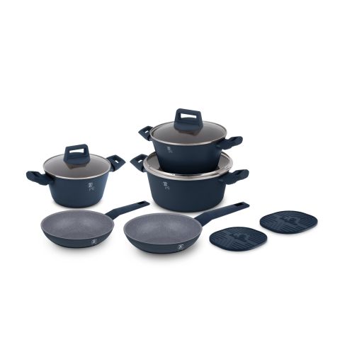 BERLINGER HAUS GRANITE 10 PCS COOKWARE SET FRYPAN 20 + 24 CM + CASSEROLES WITH LIDS 20 CM (2.2 L) + 24 CM (3.5 L) + 28 CM (5.35 L) + 2 PCS HEAT MAT BLUE