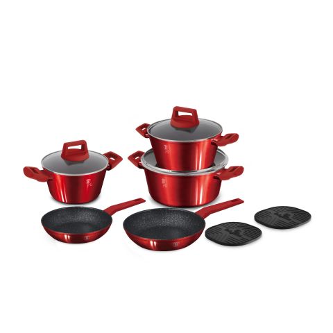 BERLINGER HAUS GRANITE 10 PCS COOKWARE SET FRYPAN 20 + 24 CM + CASSEROLES WITH LIDS 20 CM (2.2 L) + 24 CM (3.5 L) + 28 CM (5.35 L) + 2 PCS HEAT MAT RED
