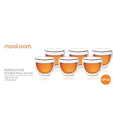 MOOLOOM Hand Made Glass Double Wall Coffee Cup 60ML - 6Pcs