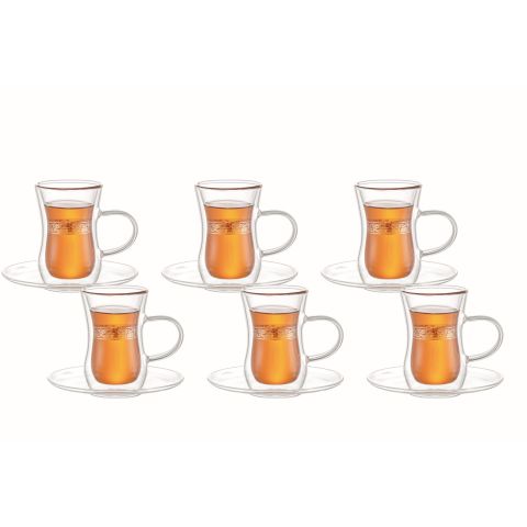 ARAMORO GOLD DECAL 12 PCS SET 100 ML BOROSILICATE DOUBLE WALL GLASS 6 PCS TEA CUP + 6 PCS SAUCER