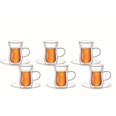 ARAMORO 12 PCS SET 100ML BOROSILICATE DOUBLE WALL GLASS 6 PCS TEA CUP + SAUCER