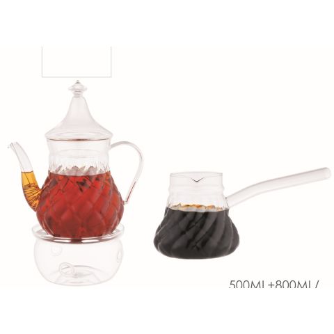 ARAMORO 3 PCS SET TEA POT 1 PC 800 ML+WARMER 1PC + COFFEE WARMER 500 ML 1PC 
