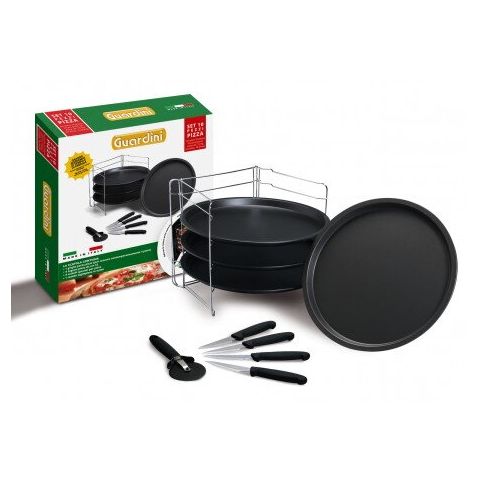 Guardini Pizza Mania 4 Pizza Tins 32cm + Rack + Pizza Cutter + Knives