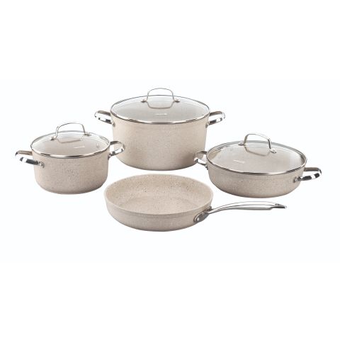KORKMAZ COOKWARE 7 PC SET (GRANITE) GRANITA COOKWARE SET (7 PCS) (20X10.5 CM / 3.0 LT + 24X12.5 CM / 5.0 LT + 26X7 CM / 3.5 LT + 26X5 CM / 2.5 LT)
