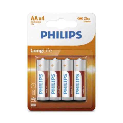 Philips Power Long-life Zinc AA Battery, 1.5 V, AA - 4 PCS