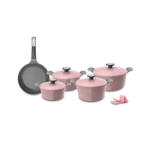NEOFLAM 11 PCS DIE-CAST POTE A SET (CASSEROLES 20+22+24+26 CM) + FRYPAN 26 CM + SILICONE GRIPS 2 PCS PINK MARBLE COLOR