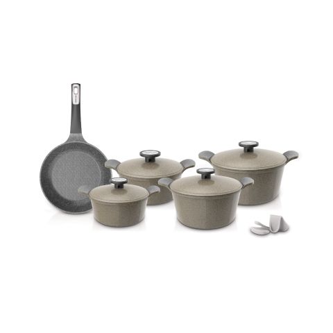 NEOFLAM 11 PCS DIE-CAST POTE A SET (CASSEROLES 20+22+24+26 CM) + FRYPAN 26 CM + SILICONE GRIPS 2 PCS WARM BEIGE MARBLE COLOR