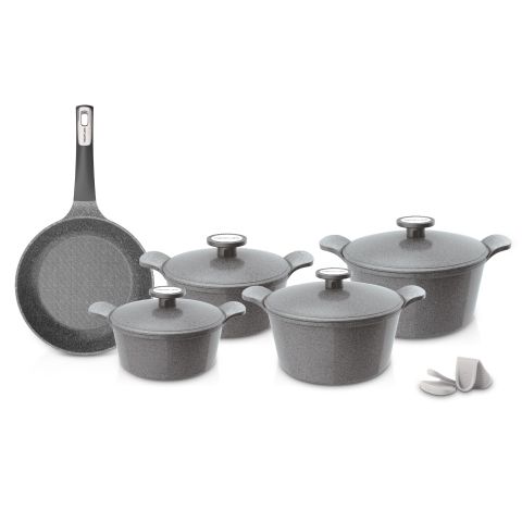 NEOFLAM 11 PCS DIE-CAST POTE A SET (CASSEROLES 20+22+24+26 CM) + FRYPAN 26 CM + SILICONE GRIPS 2 PCS GREY MARBLE COLOR
