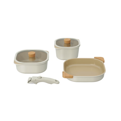 NEOFLAM 7 PCS FIKA OBJECT COMFORT SET SQUARE (CASSEROLE 16 CM + LOW CASSEROLE 20 CM + SQUARE FRYPAN 25 CM + SILICONE RIM GLASS LIDS 16 CM, 20 CM + DETACHABLE HANDLE + WOOD GRIP 2 PCS + FABRIC PAN PROTECTOR 1 PC OFF-WHITE COLOR