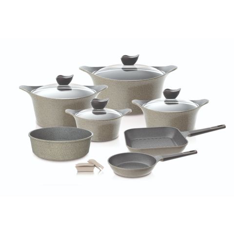 NEOFLAM AENI 11 PCS COOKWARE SET WITH GLASS LIDS – TYPE 1 (CASSEROLES 18+20+24+28CM, FRYPAN 26CM, GRILL PAN 28CM, ROUND OVENWARE 28CM + SILICONE GRIPS)