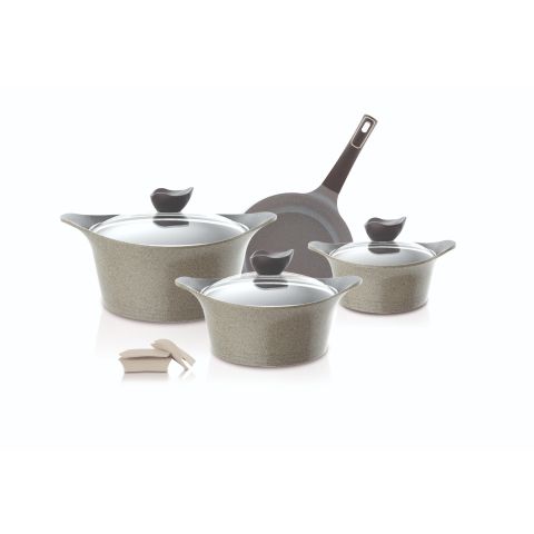 NEOFLAM AENI 7 PCS COOKWARE SET WITH GLASS LIDS (CASSEROLES 20+24+28CM, FRYPAN 26CM + SILICONE GRIPS)
