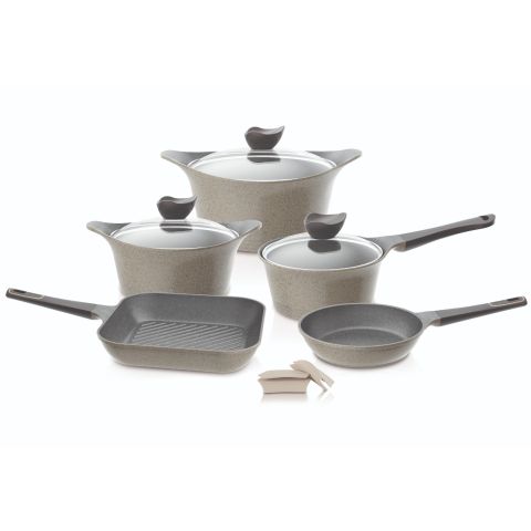 NEOFLAM AENI 8 PCS COOKWARE SET WITH GLASS LIDS – TYPE 1 (SAUCEPAN 18CM, CASSEROLES 20+24CM, FRYPAN 24CM, GRILL PAN 28CM + SILICONE GRIPS)
