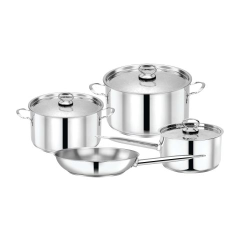 PRADEEP 7 PCS STAINLESS STEEL COOKWARE SET DESIGN LID POTS 26 +20 CM + 18 CM SAUCEPAN WITH DESIGN LID + 26 CM FRY PAN