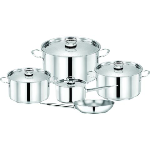 PRADEEP 9 PCS STAINLESS STEEL COOKWARE SET DESIGN LID POTS 28 + 24 + 20 CM + 18 CM SAUCEPAN WITH DESIGN LID + 24 CM FRY PAN