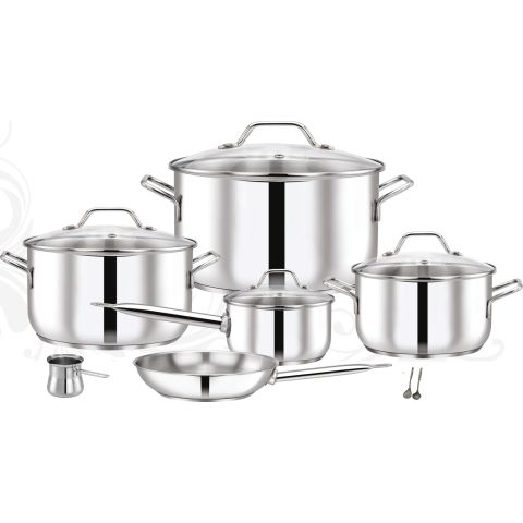 PRADEEP 12 PCS STAINLESS STEEL COOKWARE SET GLASS LID POTS 28+24 +20 CM+ FRY PAN 24 + SAUCEPAN 16 CM + COFFEE POT + 2 PCS KITCHEN TOOLS