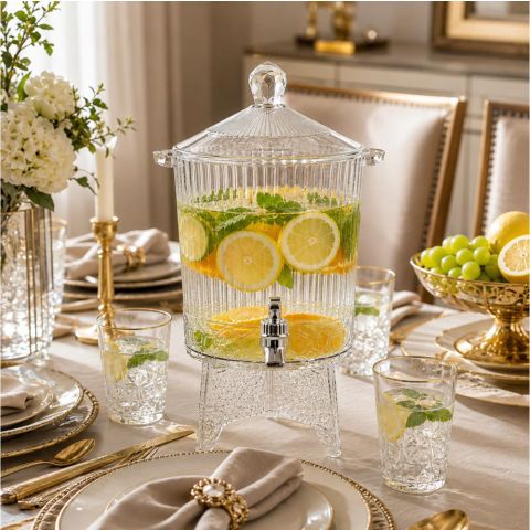 Elegant 4.5L Plastic Beverage Water & Juice Dispenser Jug with 5 Plastic Glass Set