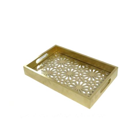 Wooden Serving Tray with Flower Design - Gold 