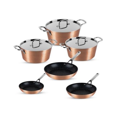 BERLINGER HAUS HAMMERED COOKING SET 9 PCS SET CASSEROLES ( 30+26+22 CM ) + FRY PAN ( 30+26+22 CM ) COPPER COLOR