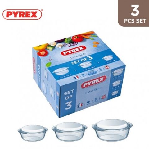 طقم أوعية فرن زجاجية دائرية من 3 قطع ( 1.1+1.6+2.2 لتر ) من بايركس 