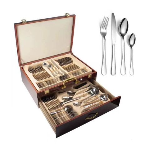 Hoff Mayer Elegant 84-Piece Stainless Steel Silver Flatware Set with Wooden Storage Box
