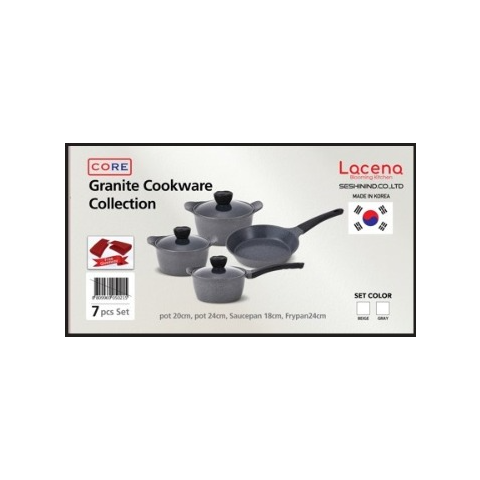 CORE GRANITE COOKWARE COLLECTION 7 PCS SET POT 20 + POT 24 + PAN 18 + FRY PAN 24 GLASS LID GRAY