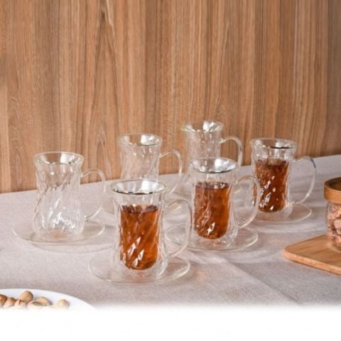 Mooloom Hand Made Borosilicate Glass Double Wall Tea Cup 120 ml 12 Pcs ( 6 Cups+ 6 Saucers )
