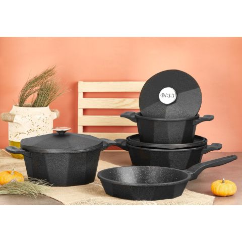 O.M.S. DIE-CAST DODECA QUARTZ 7 PCS COOKING SET POTS 26+24+20 CM + FRYPAN 26 CM BLACK