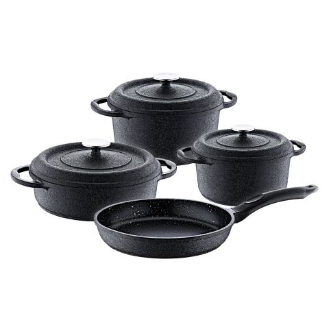 O.M.S. DIE-CAST QUARTZ PRIME 7 PCS COOKING SET POTS 26+24+20 CM + FRYPAN 26 CM BLACK