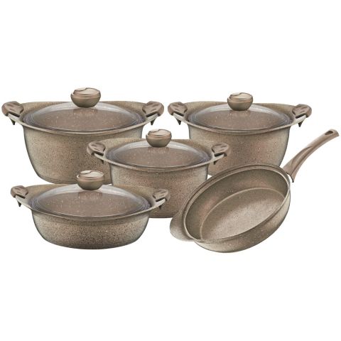 O.M.S. GRANITE 10 PCS COOKING SET WITH GLASS LID POTS 28+24+20 CM + SHALLOW POT 26 CM + FRYPAN WITH GLASS LID 26 CM