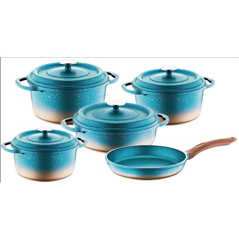 O.M.S. DIE-CAST OCALIPTUS 9 PCS COOKING SET POTS 28+24+20 CM + SHALLOW POT 26 CM + FRYPAN 26 CM GREEN