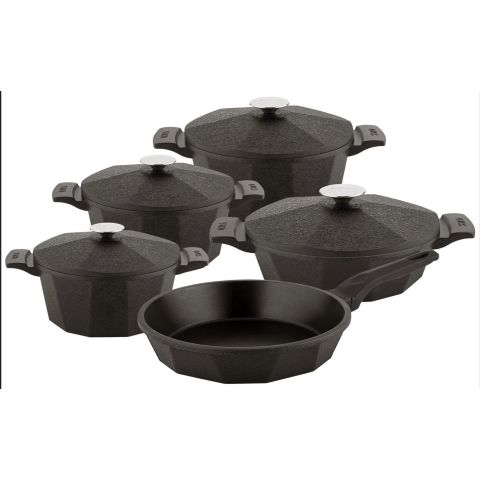 O.M.S. DIE-CAST DODECA QUARTZ 9 PCS COOKING SET POTS 28+24+20 CM + SHALLOW POT 26 CM + FRYPAN 28 CM BLACK