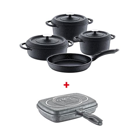 O.M.S. DIE-CAST 7 PCS COOKING SET + DOUBLE SIDED GRILL PAN