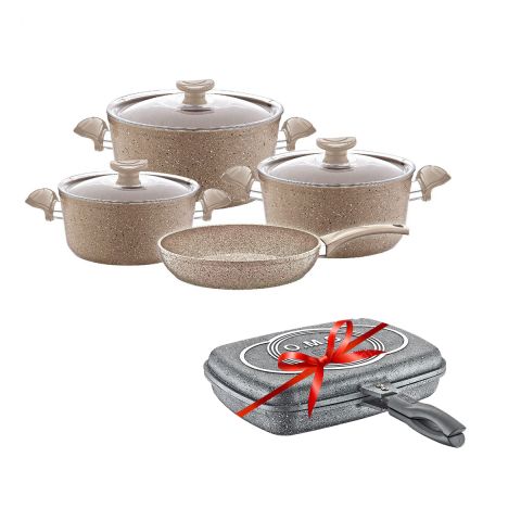 O.M.S. GRANITE 7 PCS COOKING SET WITH DOUBLE SIDE GRILL PAN GIFT