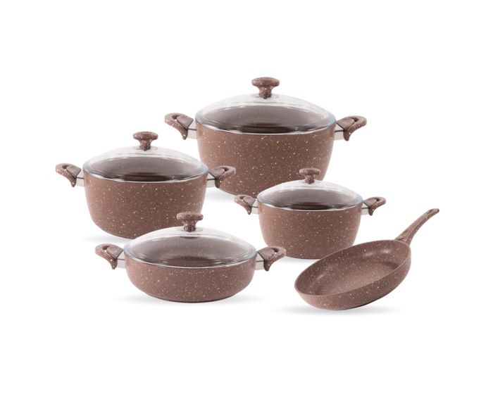 SAFLON 9PCE GRANITE SET 20+24+28CM POTS+LIDS 28CM SHALLOW POT+LID 28CM